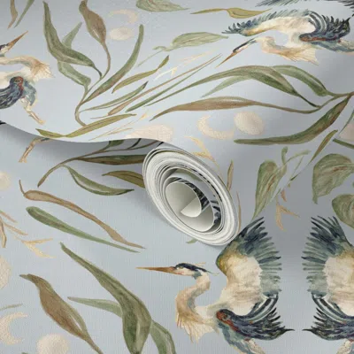 Spoonflower Peel And Stick Wallpaper Medium Blue Sky Heron Birds Green Leaf Brown White Moon  Fabric  Removable