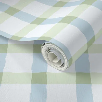 Spoonflower Peel And Stick Wallpaper Medium Gingham Check Powder Blue And Soft Sage Green Home Decor 2' X 12' Re