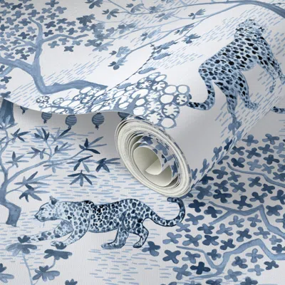 Spoonflower Peel And Stick Wallpaper Medium Leopard Toile With Lanterns Cornflower 2' X 12' Removable