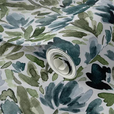 Spoonflower Peel And Stick Wallpaper Medium - Midnight Blue Watercolour Tulip Vines - Light Grey 2' X 12' Remova