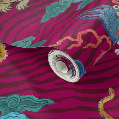 Spoonflower Peel And Stick Wallpaper Medium Primitive Beasts On Magenta 2' X 12' Removable