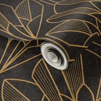 Spoonflower Peel And Stick Wallpaper (medium Scale) Art Deco Flower Black Gold 2' X 12' Removable