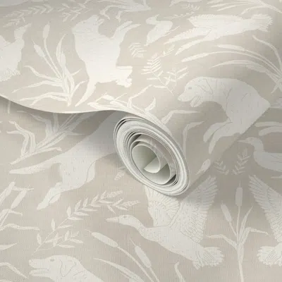 Spoonflower Peel And Stick Wallpaper Medium Scale - Duck Hunt Damask Cabincore In Linen Beige 2' X 12' Removable In Neutral