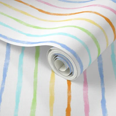 Spoonflower Peel And Stick Wallpaper Medium Scale Simple Watercolor Vertical Stripes In Pastel Rainbow Colors 2' In Multi