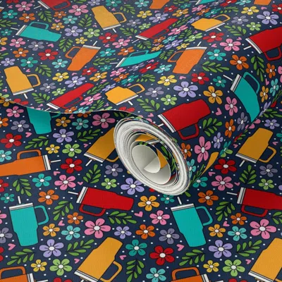 Spoonflower Peel And Stick Wallpaper Medium Scale Tumbler Cup Colorful Floral Navy 2' X 12' Removable