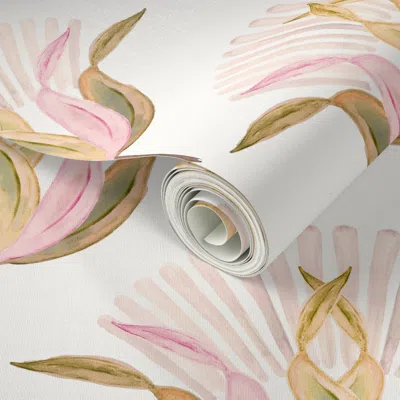 Spoonflower Peel And Stick Wallpaper Medium White Lotus Flower Pink Gold Green Flower On White  Fabric 2' X 12' 