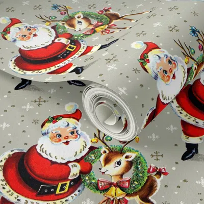 Spoonflower Peel And Stick Wallpaper Merry Christmas Xmas Santa Claus Deer Wreaths Baubles Bows Bells Ribbons 2'