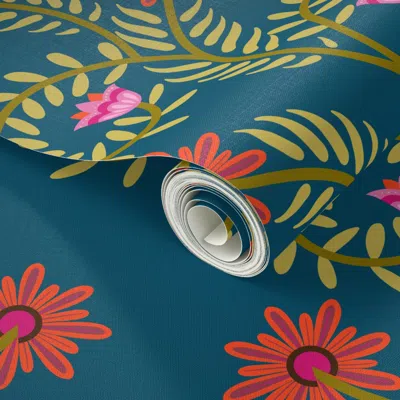 Spoonflower Peel And Stick Wallpaper Mexican Fiesta Vine Floral - Green Vines With Pink & Red Blooms On Teal 2' 