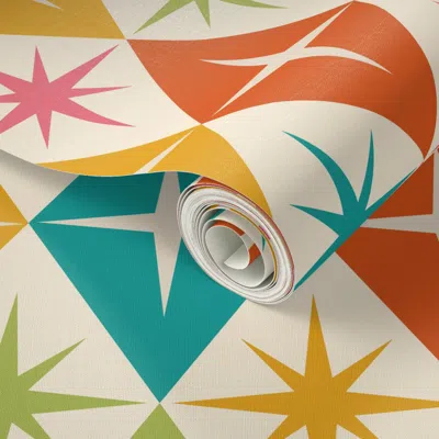Spoonflower Peel And Stick Wallpaper Mid Century Atomic Starbursts On Retro Harlequin Diamonds- Large Scale 2' X