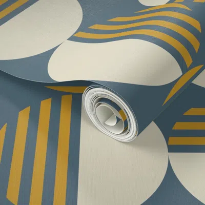 Spoonflower Peel And Stick Wallpaper Mid Century Circles - Blue And Gold 2' X 12' Removable
