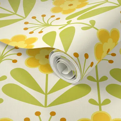 Spoonflower Peel And Stick Wallpaper Mid Century Design With Yellow Flowers 2' X 12' Removable