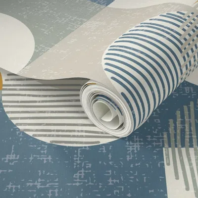 Spoonflower Peel And Stick Wallpaper Mid Century Geometric Hand Drawn Textured Tile - Mustard Yellow And Blue 2'