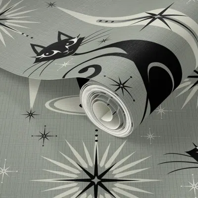 Spoonflower Peel And Stick Wallpaper Mid Century Meow - Gray Vertical 2' X 12' Removable In Multi
