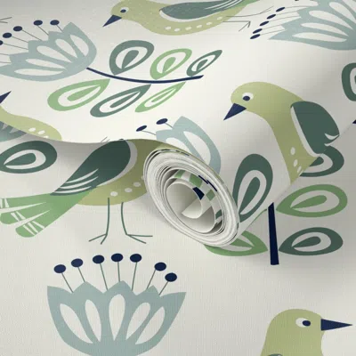 Spoonflower Peel And Stick Wallpaper Mid Century Modern Birds Green 2' X 12' Removable