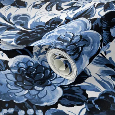 Spoonflower Peel And Stick Wallpaper Mid Century Modern Floral Cocktail Lonely Angel Blue And White 2' X 12' Rem In Multi