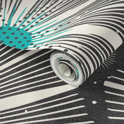 Spoonflower Peel And Stick Wallpaper Mid Century Modern Retro Starburst Geometric - Black & Teal Large 2' X 12' 