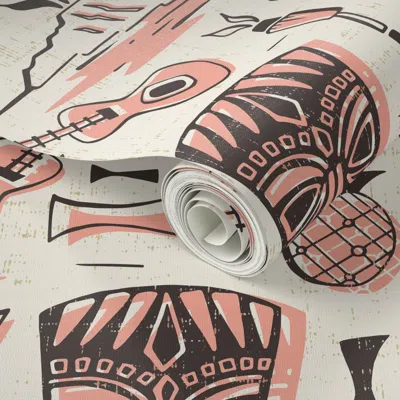 Spoonflower Peel And Stick Wallpaper Mid Century Tropical Tiki - Retro Hawaiian Surf Polynesian Cream Pink (j) 2 In Multi