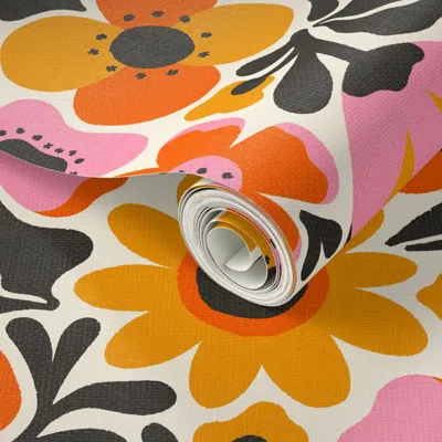 Spoonflower Peel And Stick Wallpaper Mid Mod Meadow In Pink And Orange 2' X 12' Removable
