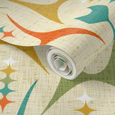 Spoonflower Peel And Stick Wallpaper Mid Mod Meow On Tan 2' X 12' Removable In Multi