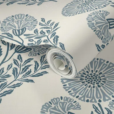 Spoonflower Peel And Stick Wallpaper Mid Three Wild Cornflowers Block Print - Farmhouse Calm Blue Beige Tonal 2'