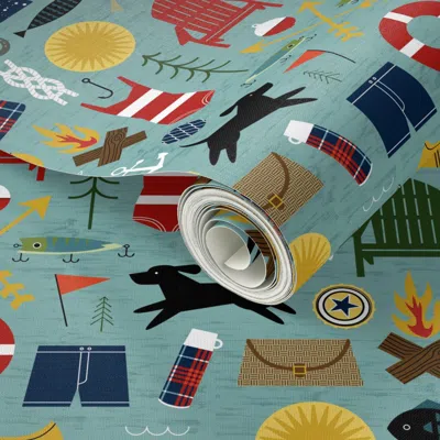 Spoonflower Peel And Stick Wallpaper Mid-century Lake House 2' X 12' Removable In Multi