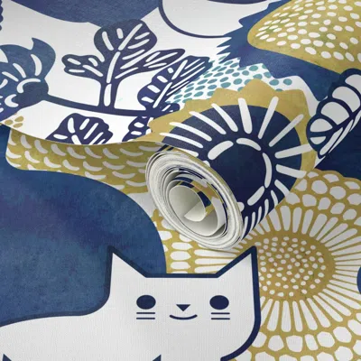 Spoonflower Peel And Stick Wallpaper Midsummer Cats Extra Large Cat And Flowers Vintage Japanese Floral Home 2'  In Multi
