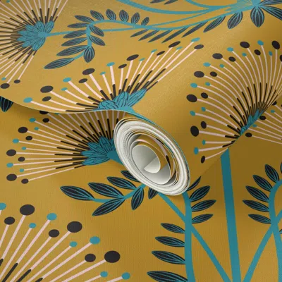Spoonflower Peel And Stick Wallpaper Mimosa Art Deco Floral Botanical Damask Mustard Blue Black Medium 2' X 12'  In Multi
