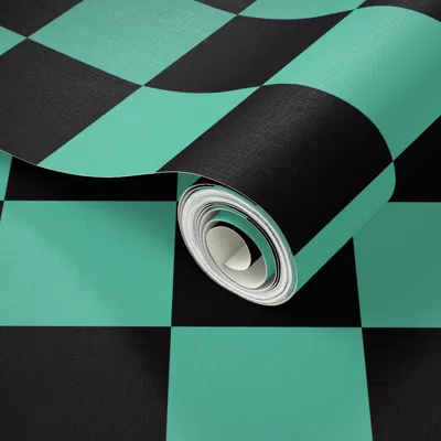 Spoonflower Peel And Stick Wallpaper Mini Demon Slaying Tanjiro Teal Green Black Square Ichimatsu Checkered 2' X In Multi