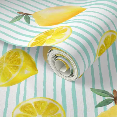 Spoonflower Peel And Stick Wallpaper Mini Lemon Watercolor Watercolor Citrus Fruit Lemons Lemon Mint Stripe 2' X