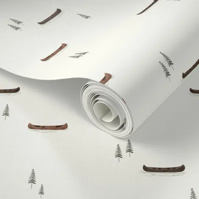 Spoonflower Peel And Stick Wallpaper Minimalist Canoes In The Lake On Off White Small - Rustic Hallway Wall  Rem In Multi