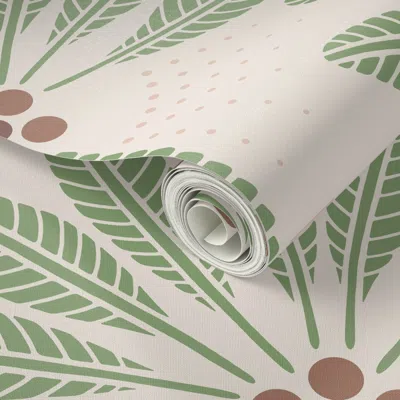 Spoonflower Peel And Stick Wallpaper Minimalist Coastal Palm Trees With Fruits - Beige And Green - Large 2' X 12