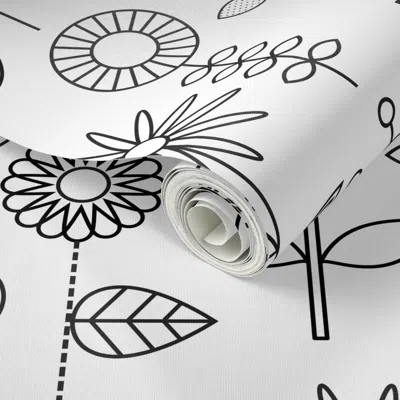 Spoonflower Peel And Stick Wallpaper Mod Doodle Blooms 2' X 12' Removable In White