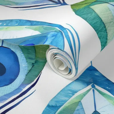 Spoonflower Peel And Stick Wallpaper Mod Watercolor Peacock Feathers 2' X 12' Removable