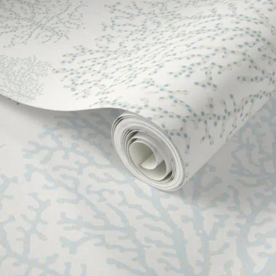 Spoonflower Peel And Stick Wallpaper Modern Coastal Coral - Mist Blue On Soft White 2' X 12' Removable