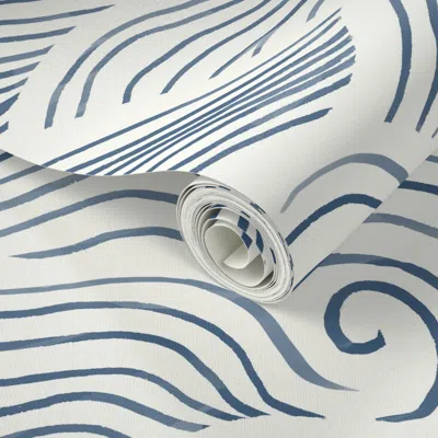 Spoonflower Peel And Stick Wallpaper Modern Coastal Wave Lines - Abstract Nautical Wavy Sea - Classic Navy Blue 