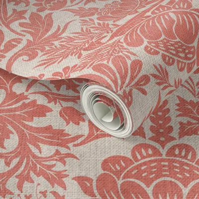 Spoonflower Peel And Stick Wallpaper Modern Damask/year Of The Rabbits /salmon/textured 2' X 12' Removable
