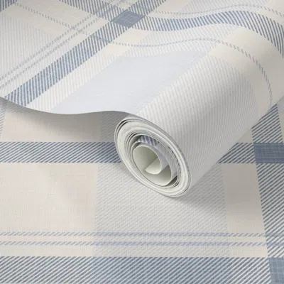 Spoonflower Peel And Stick Wallpaper Modern Farmhouse Plaid Linen Texture Cream White & Mist Blue 2' X 12' Remov