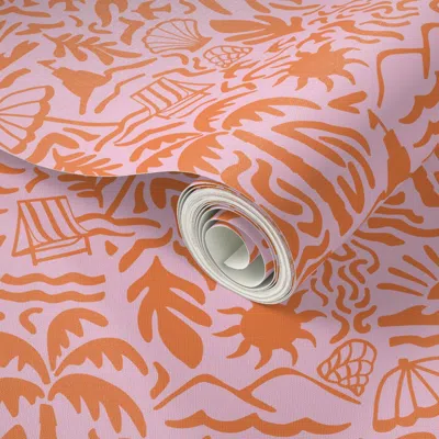 Spoonflower Peel And Stick Wallpaper Modern Maximalist Colorful Abstract Coastal Beach Scene-dopamine Pink+red-s