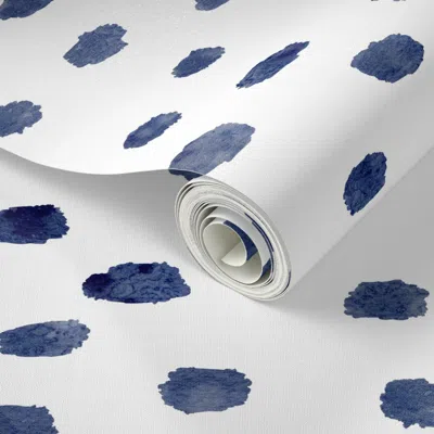 Spoonflower Peel And Stick Wallpaper Modern Minimal Watercolor Indigo Dots - Brush Marks Design-medium Scale 2' 