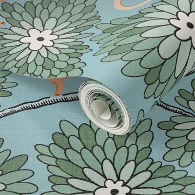 Spoonflower Peel And Stick Wallpaper Monkey Forest/golden On Eggshell Blue/large  Removable In Green