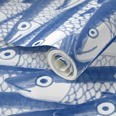 Spoonflower Peel And Stick Wallpaper Mono Cobalt Blue Sardines (l) 2' X 12' Removable