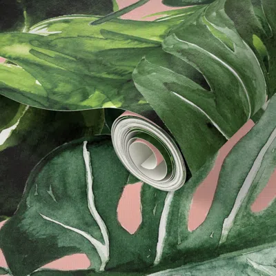 Spoonflower Peel And Stick Wallpaper Monstera Tropical Leaves On Peach Pink 2' X 12' Removable