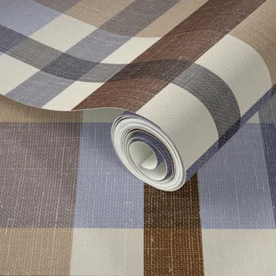 Spoonflower Peel And Stick Wallpaper Moody Plaid In Payne's Grey Tan And Chocolate 2' X 12' Removable