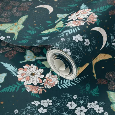 Spoonflower Peel And Stick Wallpaper Moonlit Luna Moth Floral - Navy Blue Teal - Large Scale 2' X 12' Removable