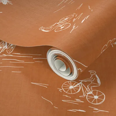 Spoonflower Peel And Stick Wallpaper Mountain Biking Toile - Outdoor Lover Elegant Minimalism - Warm Brown Decor