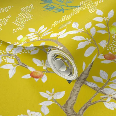 Spoonflower Peel And Stick Wallpaper Multi Citrus Grove Gold And Whites 2' X 12' Removable
