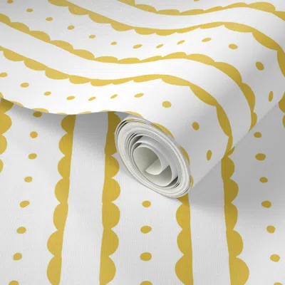 Spoonflower Peel And Stick Wallpaper Mustard Yellow Scalloped Stripes And Polka Dots 2' X 12' Removable