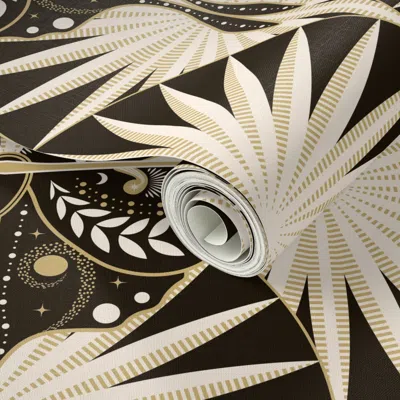Spoonflower Peel And Stick Wallpaper Mystical Luna Moth-art Deco-magical-moody-elegant-ebony Black Gold-large 2'