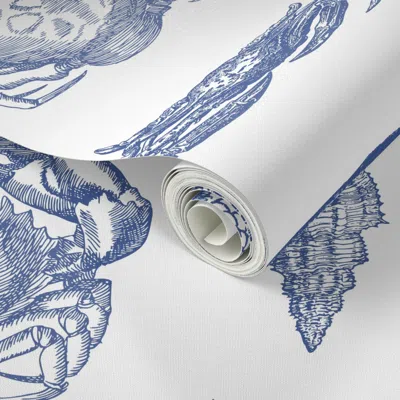 Spoonflower Peel And Stick Wallpaper Nautical Toile In White And Sea Blue 2' X 12' Removable