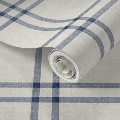 Spoonflower Peel And Stick Wallpaper Navy Blue Bone White Minimalist Faux Linen Texture Thin Gingham Plaid  Remo